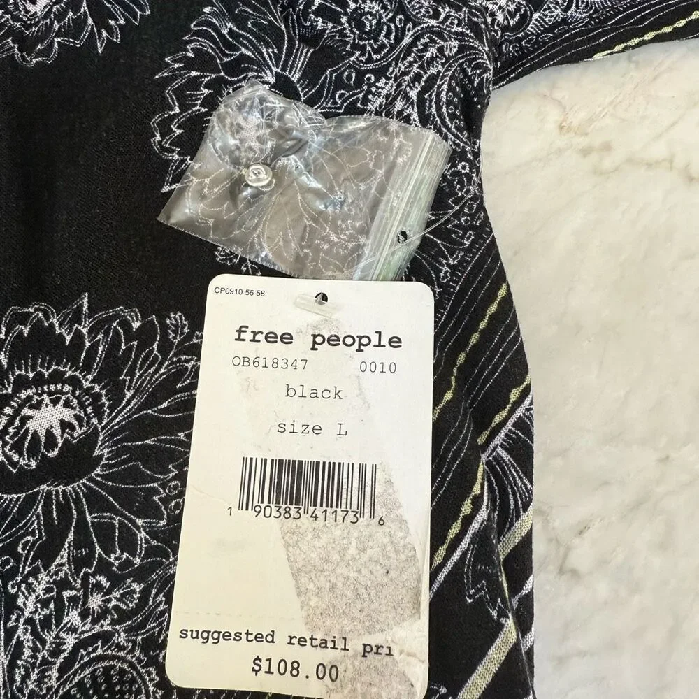 Free People Women's Walking On a Dream Tunic Top Long Sleeve Black Size L NWT
